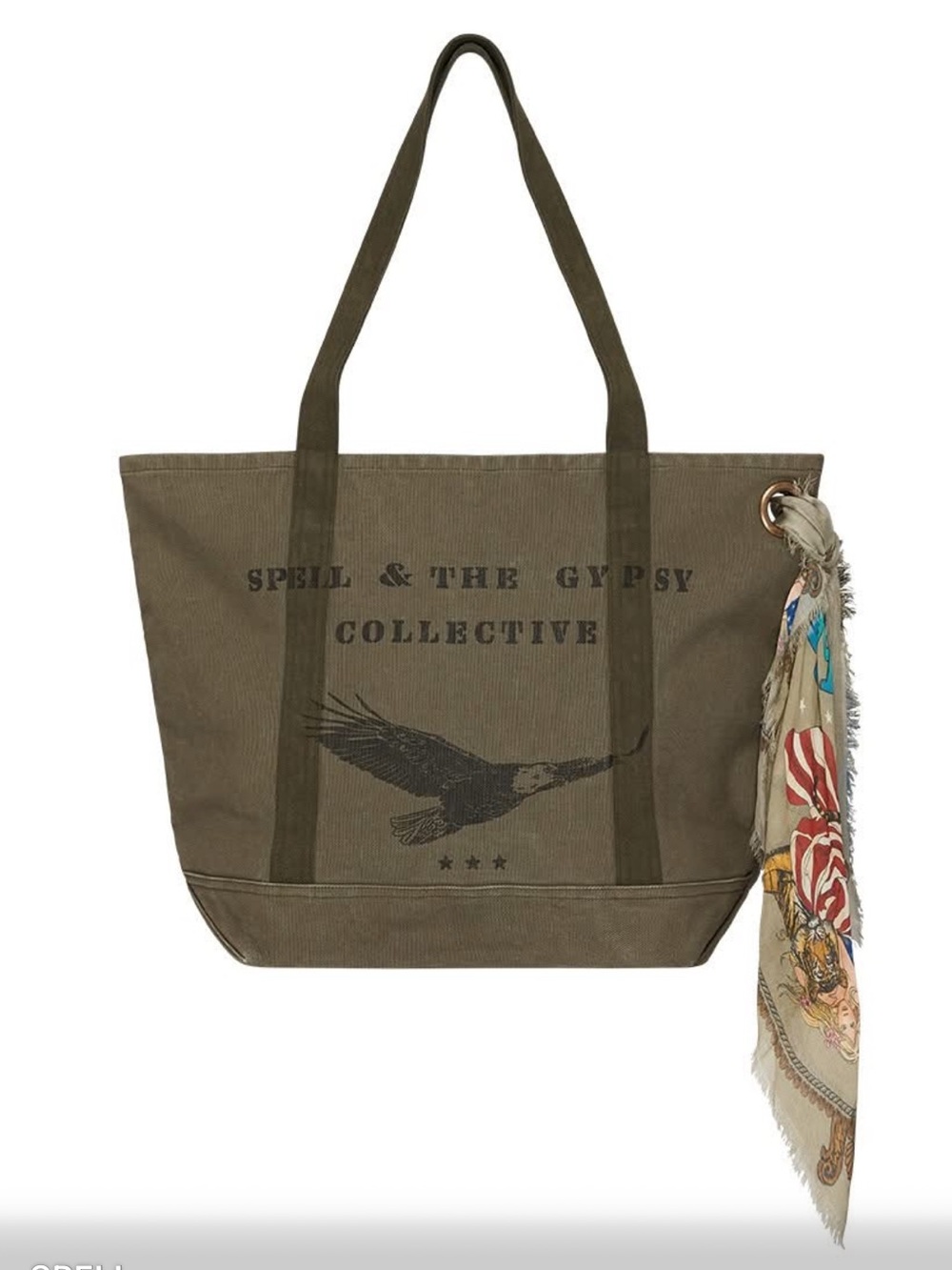 Spell Byron Bay Olive Canvas Tote with Graphic and Scarf Accent